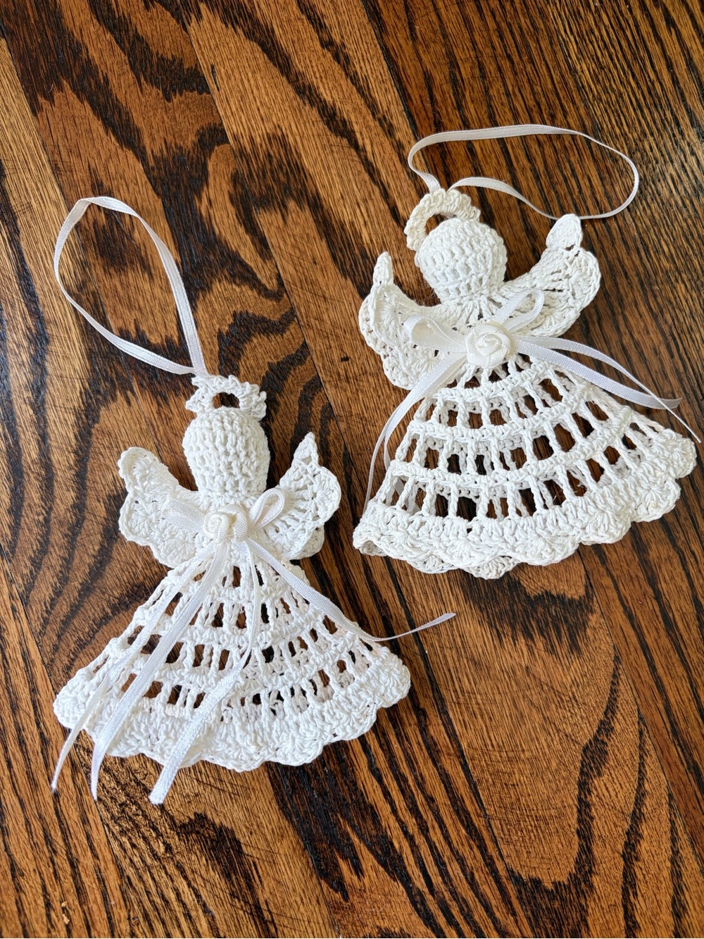 Vintage Handmade Starched Crochet Angel Christmas Tree Ornaments - Set of 2